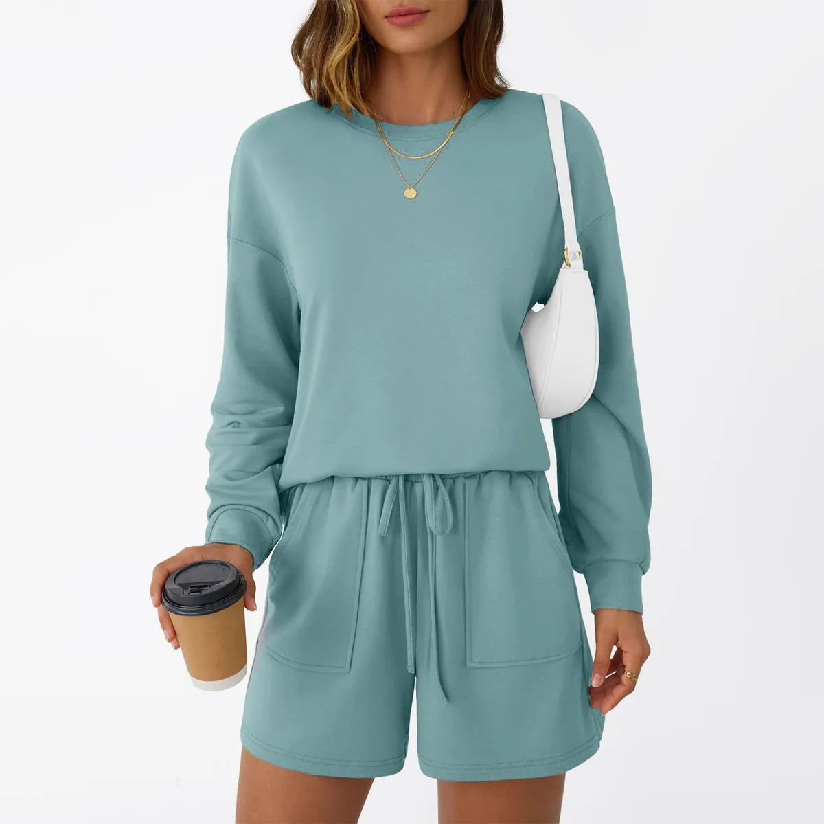 Women Fashion Athleisure Autumn Solid Color Round-Neck Long Sleeve Sweatshirt Loose Shorts Two-Piece Set