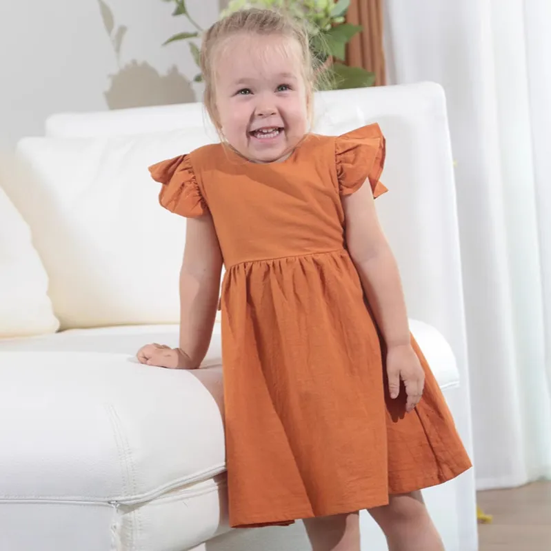 Kid Girl'S Fashion Summer Solid Color Cotton Linen Dress