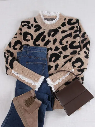 Autumn And Winter Women'S Fashion Leopard Lace Stitching Knitted Sweater