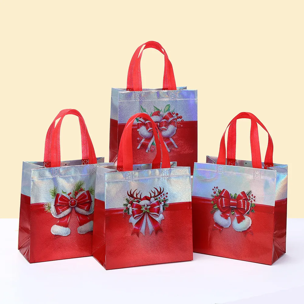 Christmas Laminated Laser Non-Woven Bag Christmas Holiday Gift Packaging Bag 12pcs/Pack
