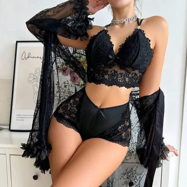Women Sexy Solid Color Lace Underwear Three-Piece Set