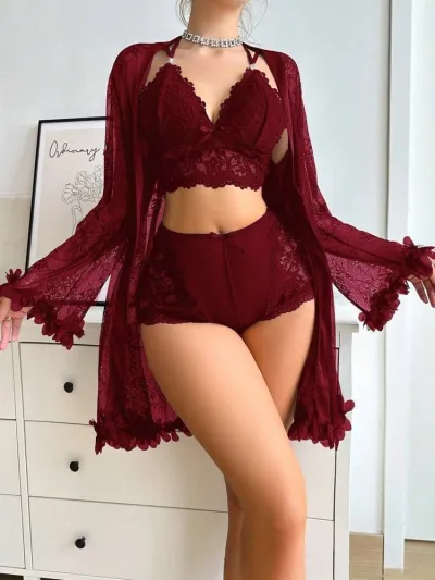 Women Sexy Solid Color Lace Underwear Three-Piece Set