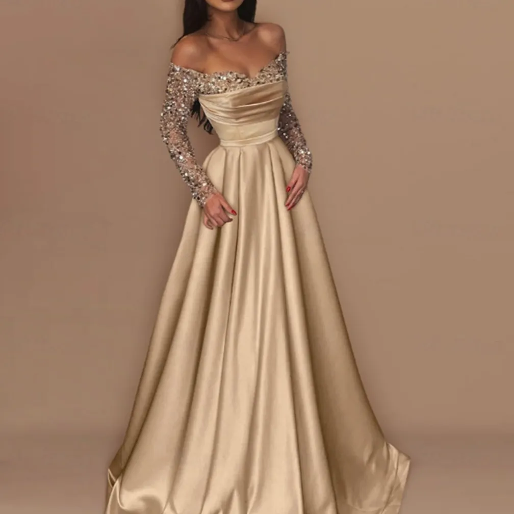 Women Elegant Off-Shoulder Long Sleeves Maxi Formal Dress