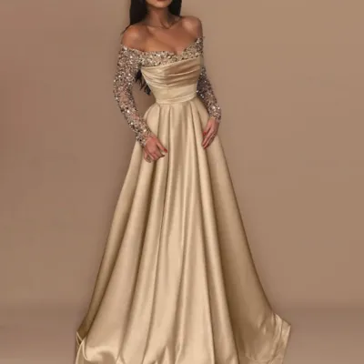 Women Elegant Off-Shoulder Long Sleeves Maxi Formal Dress