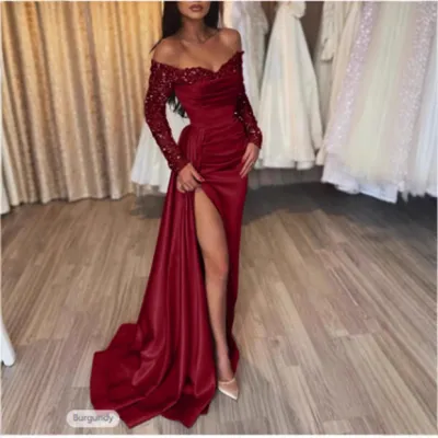 Women Elegant Off-Shoulder Long Sleeves Maxi Formal Dress