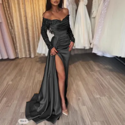 Women Elegant Off-Shoulder Long Sleeves Maxi Formal Dress