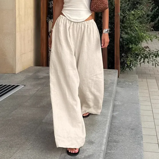 Women Fashion Casual Spring And Summer Solid Color Cotton And Linen Wide Leg Pants