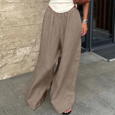 Women Fashion Casual Spring And Summer Solid Color Cotton And Linen Wide Leg Pants