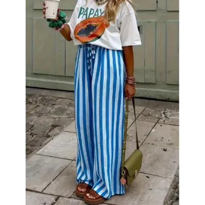 Women Fashion Casual Spring And Summer Contrast Color Stripe Printed Loose Pants
