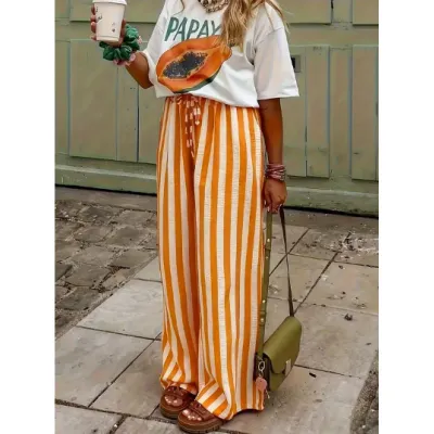 Women Fashion Casual Spring And Summer Contrast Color Stripe Printed Loose Pants