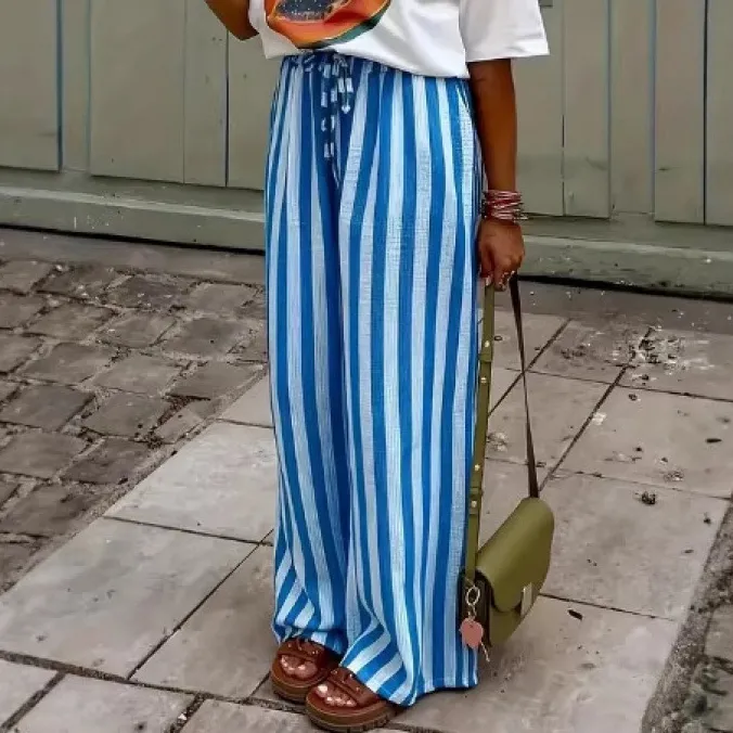 Women Fashion Casual Spring And Summer Contrast Color Stripe Printed Loose Pants