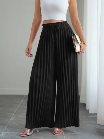 Women Fashion Casual Spring And Summer Solid Color Pleated Lace-Up Wide-Leg Pants
