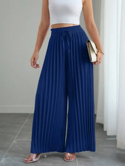 Women Fashion Casual Spring And Summer Solid Color Pleated Lace-Up Wide-Leg Pants
