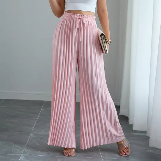 Women Fashion Casual Spring And Summer Solid Color Pleated Lace-Up Wide-Leg Pants