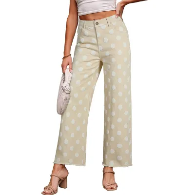 Women Fashion Casual Summer Polka Dot Print High Waist Straight Pants