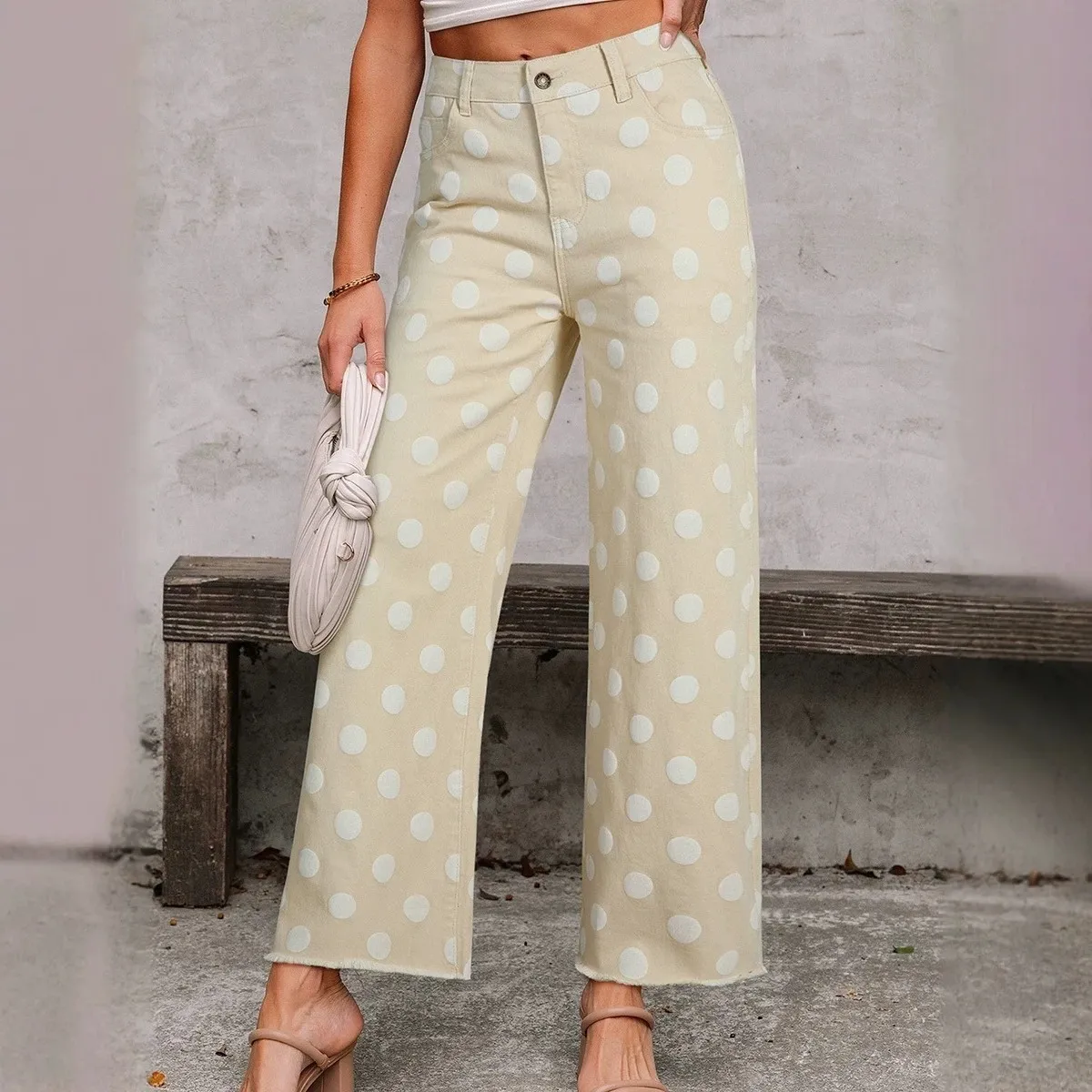 Women Fashion Casual Summer Polka Dot Print High Waist Straight Pants