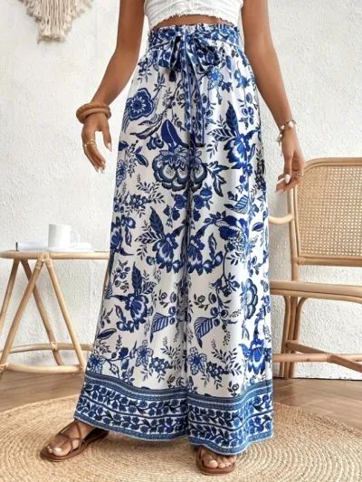 Women Fashion Casual Summer Printed High Waist Lace-Up Wide Leg Pants