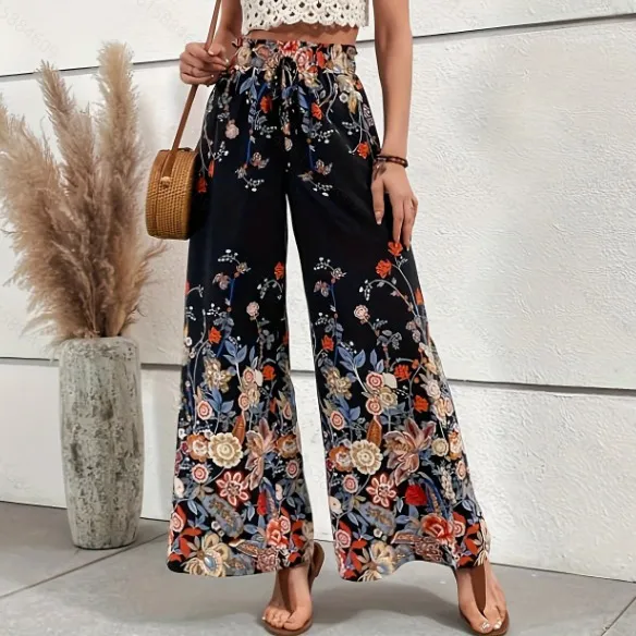 Women Fashion Casual Summer Printed High Waist Lace-Up Wide Leg Pants