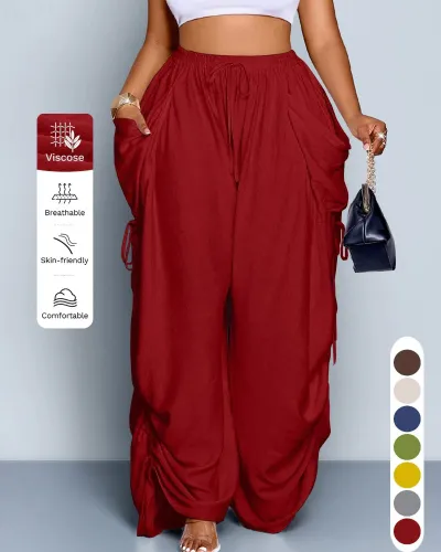 Women Fashion Casual Solid Color Cotton Linen High Waist Drawstring Pocket Pants