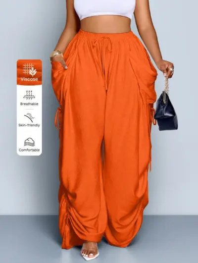 Women Fashion Casual Solid Color Cotton Linen High Waist Drawstring Pocket Pants