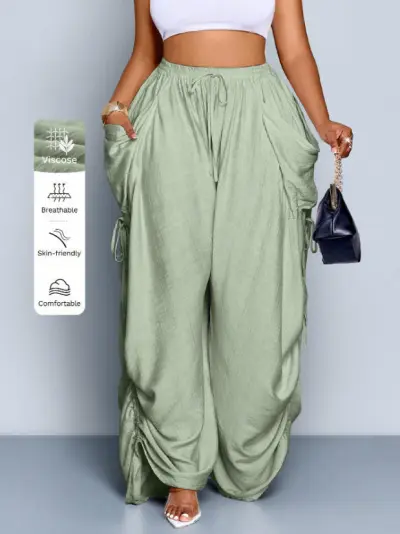 Women Fashion Casual Solid Color Cotton Linen High Waist Drawstring Pocket Pants