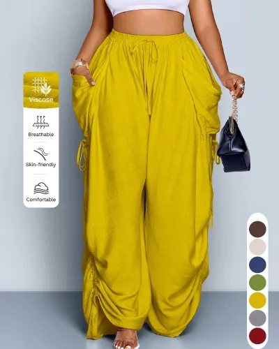 Women Fashion Casual Solid Color Cotton Linen High Waist Drawstring Pocket Pants