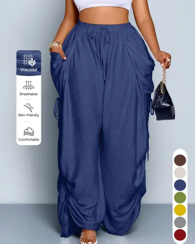 Women Fashion Casual Solid Color Cotton Linen High Waist Drawstring Pocket Pants