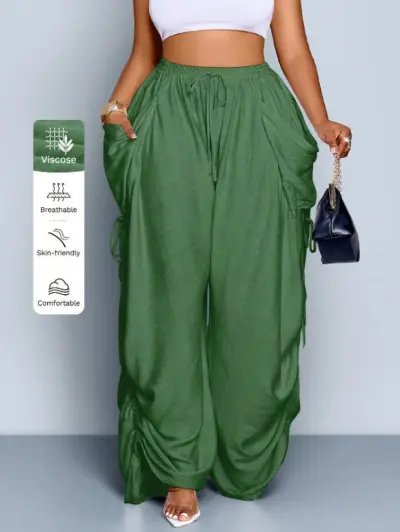 Women Fashion Casual Solid Color Cotton Linen High Waist Drawstring Pocket Pants