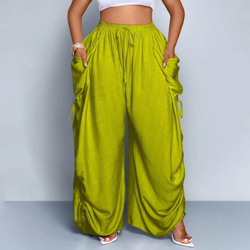 Women Fashion Casual Solid Color Cotton Linen High Waist Drawstring Pocket Pants