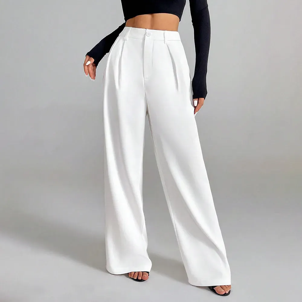 Women Fashion Casual Simple Solid Color High Waist Loose Pants