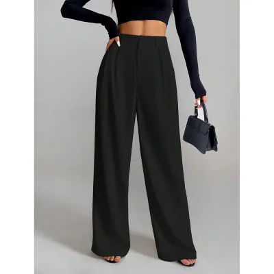 Women Fashion Casual Simple Solid Color High Waist Loose Pants