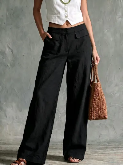Women Fashion Casual Autumn Solid Color Loose Wide Leg Pants