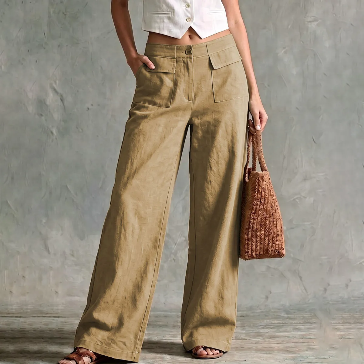 Women Fashion Casual Autumn Solid Color Loose Wide Leg Pants