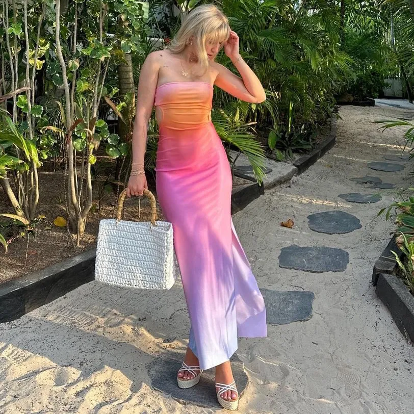 Women Sexy Gradient Strapless Maxi Dress