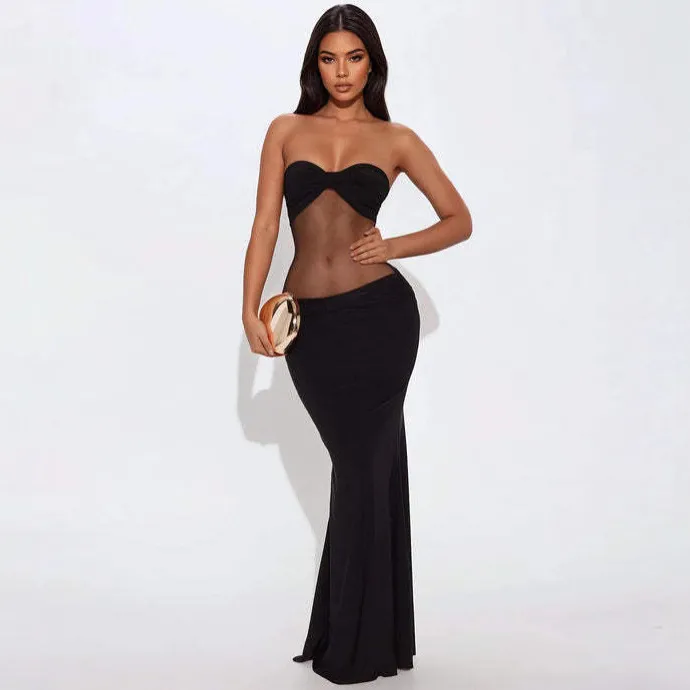 Women Sexy Strapless Mesh Mesh Maxi Dress
