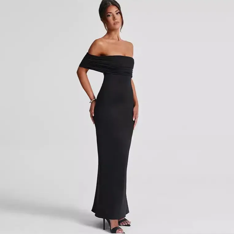 Women Sexy Off-Shoulder Solid Color Maxi Dress