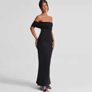 Women Sexy Off-Shoulder Solid Color Maxi Dress