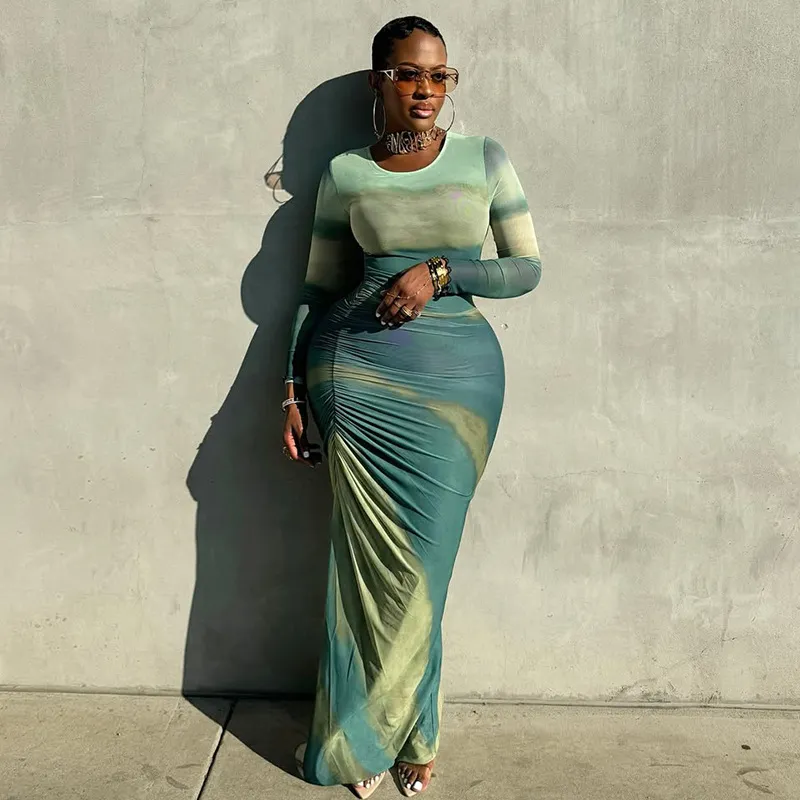 Autumn Women Sexy Long Sleeve Round Neck Maxi Dress