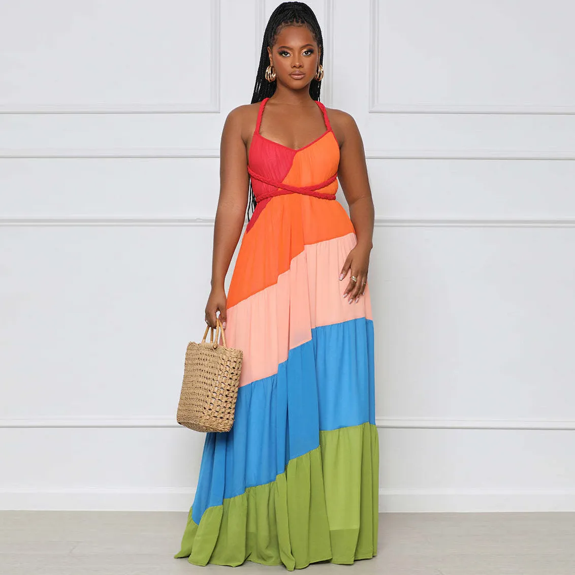 Women Fashion Multicolor Strap Maxi A- Line Dress