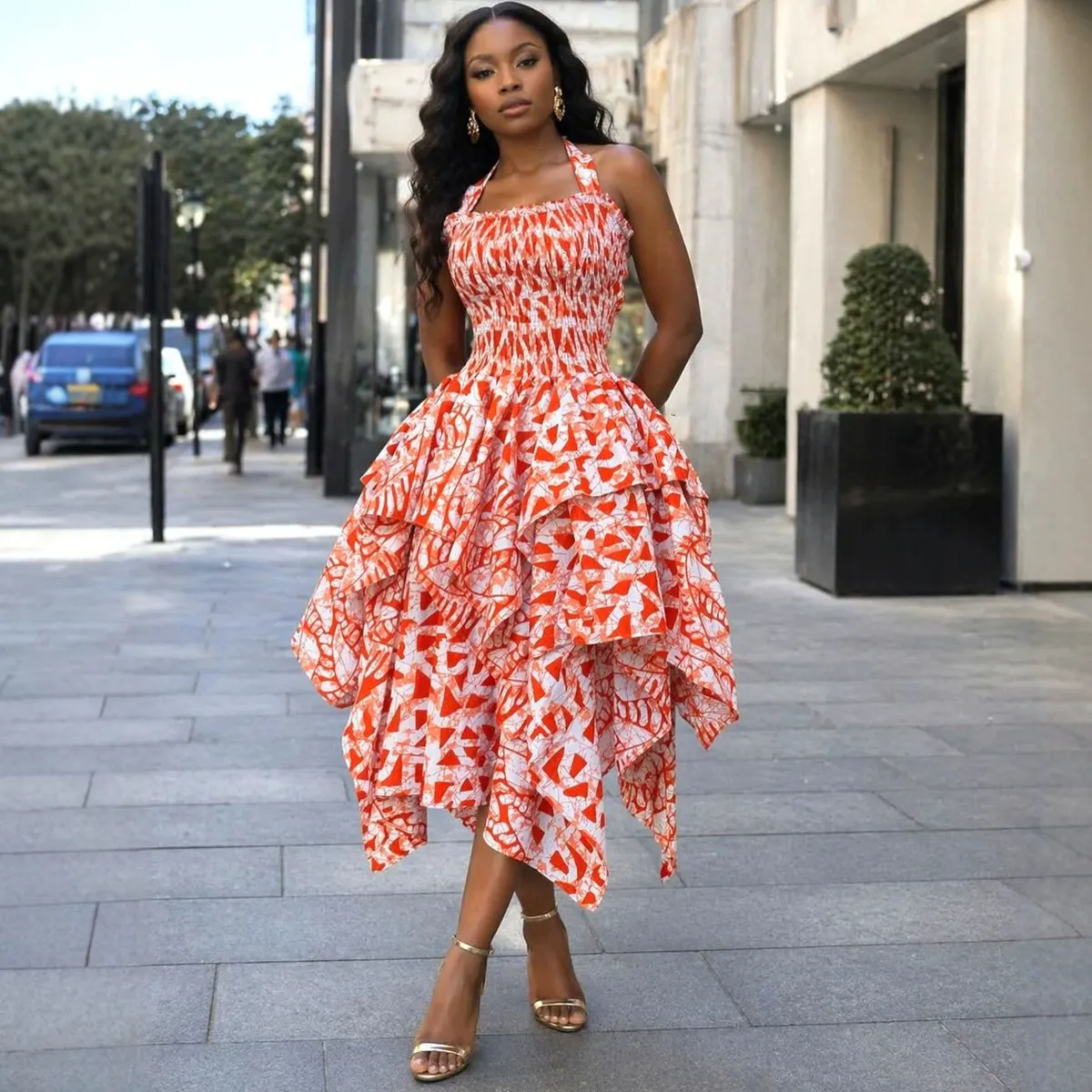 Women Fashion Neck Print Irregular Hem Midi Dress