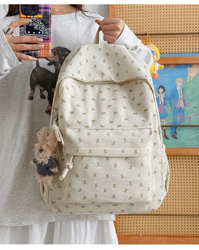 Women Fashion Casual Printed Corduroy Large-Capacity Backpack
