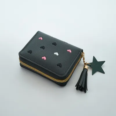 Women Fashion Casual Heart Embroidery Tassel Zipper Wallet