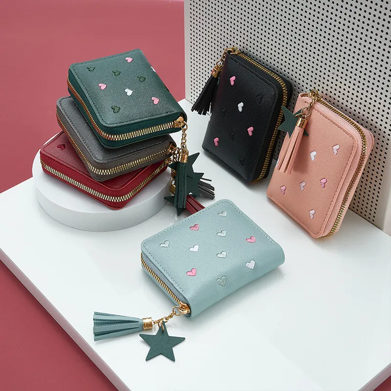 Women Fashion Casual Heart Embroidery Tassel Zipper Wallet