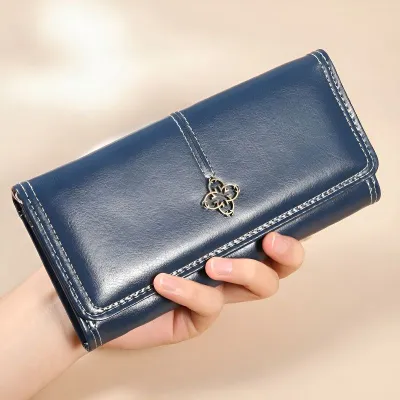 Women Fashion Casual Simple Solid Color Soft Leather Multi-Layer Card Storage Long Wallet