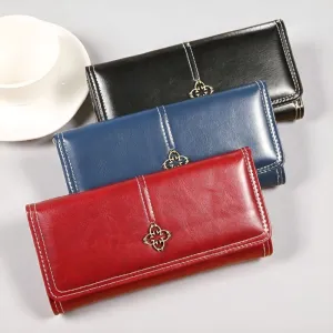 Women Fashion Casual Simple Solid Color Soft Leather Multi-Layer Card Storage Long Wallet