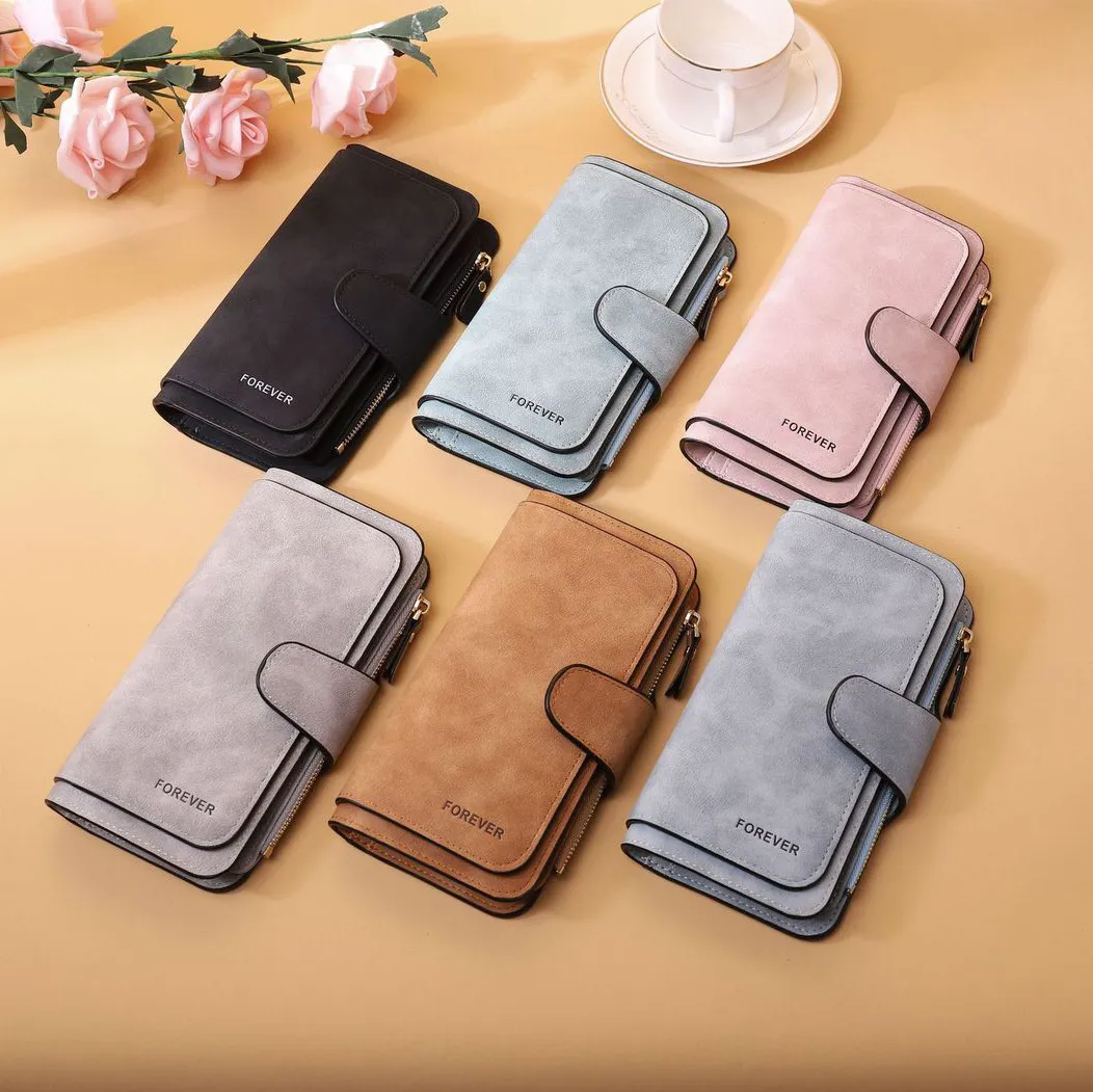 Women Fashion Casual Long Frosted Pu Leather Buckle Multi-Card Three-Fold Wallet