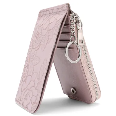 Women Fashion Zipper Card Case Embossed Design Large Capacity Multi-Card Wallet
