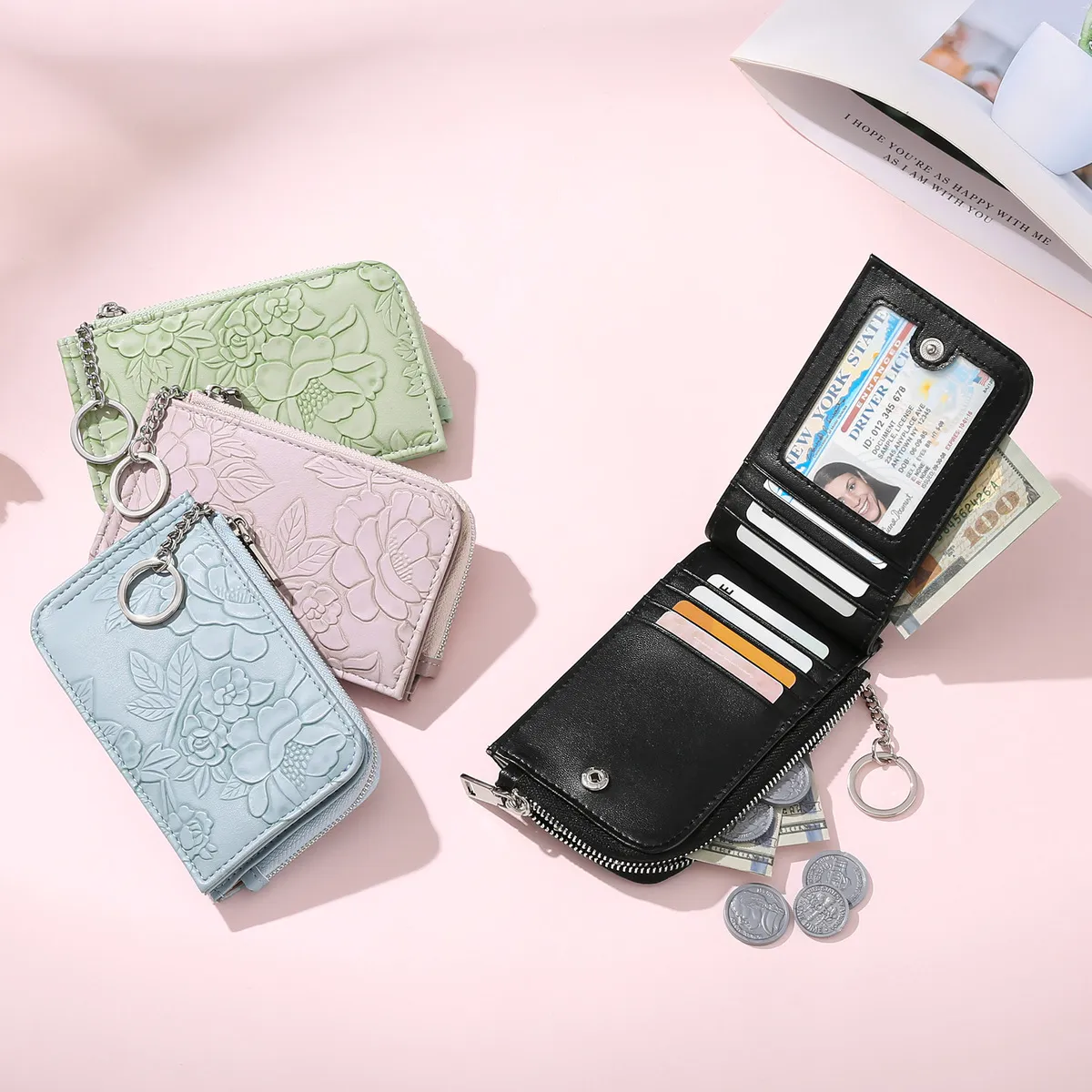 Women Fashion Zipper Card Case Embossed Design Large Capacity Multi-Card Wallet