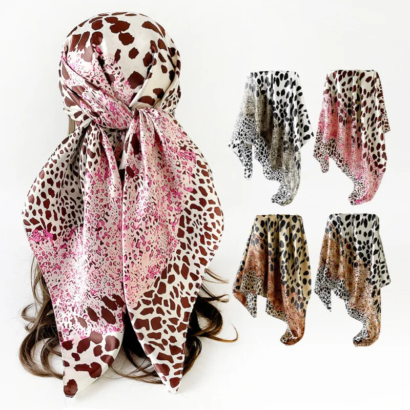 Women Fashion Leopard Silk Spliced Color 90cm Square Scarf