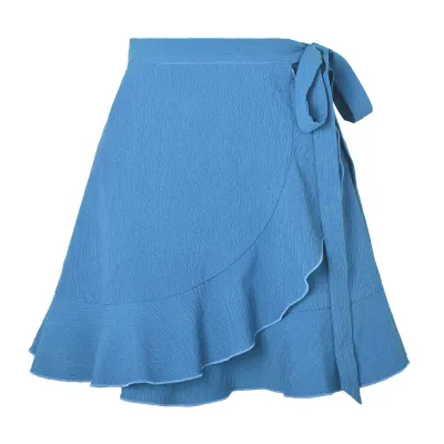 Women Fashion Casual Summer Solid Color Lace-Up High Waist Ruffled Skirt